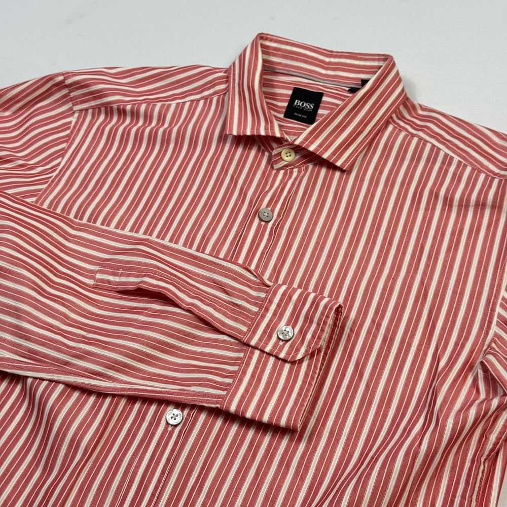 Boss Hugo Boss Shirt Mens Medium Red White Stripe Slim Fit Button Front